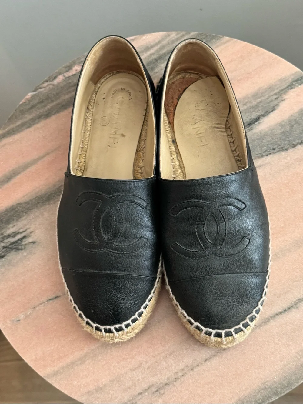 CHANEL Black Leather Espadrilles with CC Logo